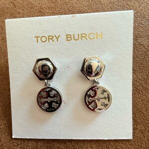 Tory Burch Silver Tone Hexagon Drop Logo Earrings